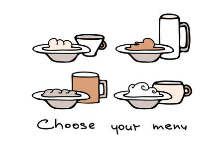 Set of different food menu options in plates with drinks in mugs. Lettering Choose your menu. Vector illustration.のイラスト素材