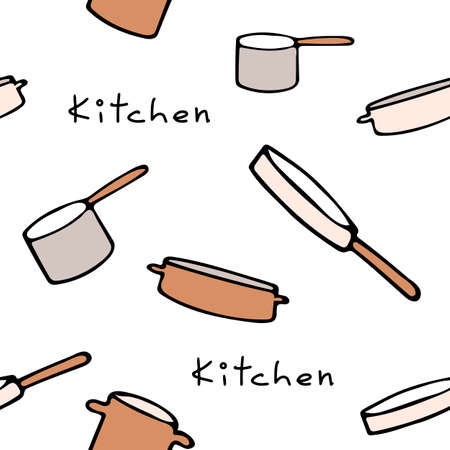 Pattern with kitchen utensils on a white background and lettering Kitchen. Frying pan, ladle, saucepan, cauldron, wok.のイラスト素材