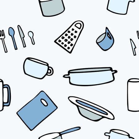 Pattern with kitchen utensils on a blue background. Cutting board, plate, food cutlery, mug, fork, knife, spoon, grater, saucepan, frying pan, ladle.のイラスト素材