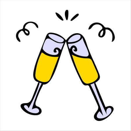 Doodle Champagne Glasses. Vector illustration. Hand drawn iconのイラスト素材