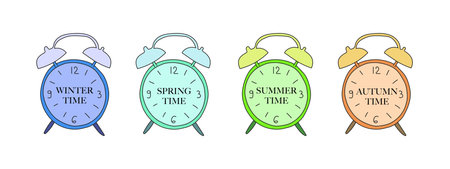 Vector illustration of colored alarm clocks for the seasons. Concept symbol design.