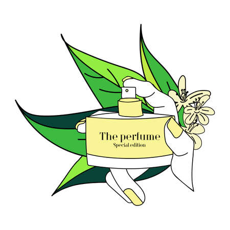 Yellow perfume in elegant hand with yellow manicure on a background of flowers and leaves. Vector illustration.のイラスト素材