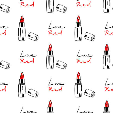 Seamless pattern with red lipstick with cap and the lettering Love red. Abstract red background smeared with lipstick.のイラスト素材