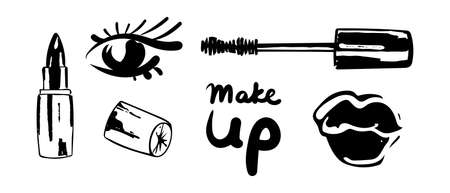 Set with Full lips in the form of a kiss with black lipstick and stylized eye, mascara. Make Up lettering. Vector illustration. Hand drawn.のイラスト素材