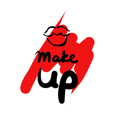 Graffiti lips in the form of a kiss on a red background of smeared lipstick and the inscription Make up. Vector illustration. Hand drawn.のイラスト素材