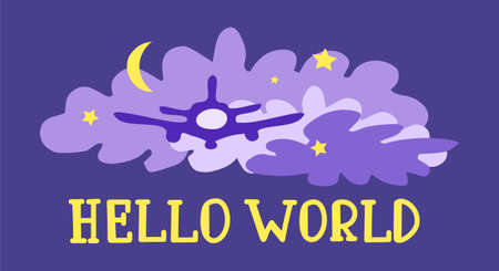 Airplane in the blue clouds and yellow stars. Hello world lettering. Vector illustration.のイラスト素材