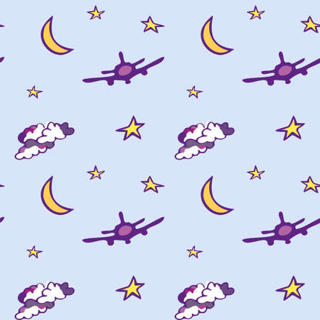 Seamless pattern with moon, stars, plane and clouds. Blue background.のイラスト素材