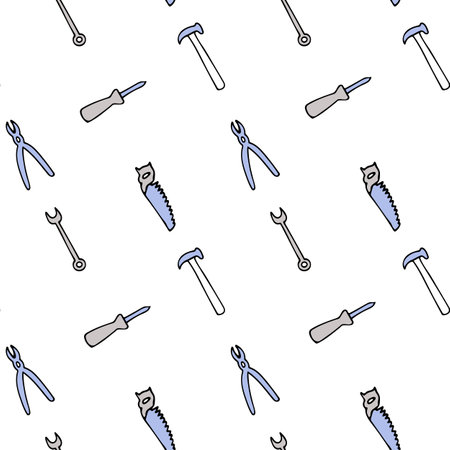 Seamless pattern with repair tools, screwdriver, pliers, saw, hammer, adjustable wrench.のイラスト素材