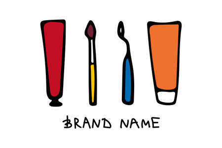 Colored vector illustration of a brush and a tube of paint, a palette knife. Lettering Brand name.のイラスト素材