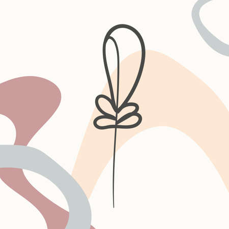 Abstract background image with rounded minimalistic shapes in muted colors and a branch with leaves.のイラスト素材