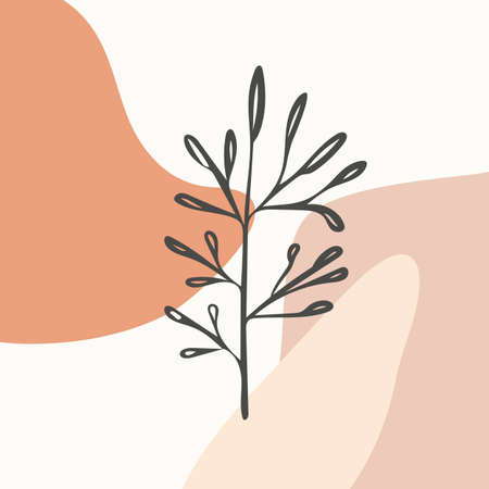 Abstract background image with rounded minimalistic shapes in muted colors and a tree with leaves.のイラスト素材