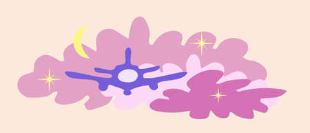 Airplane in the pink clouds and yellow stars and moon. Vector illustration.