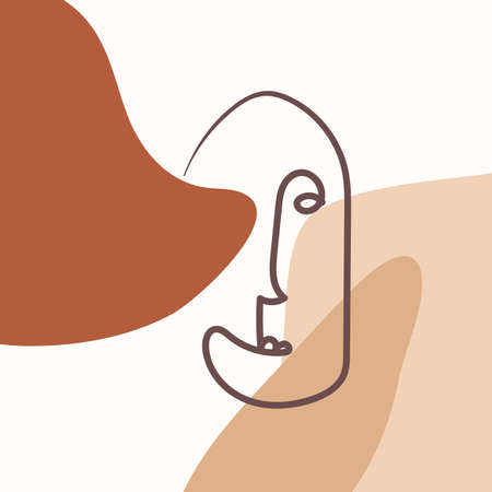 Vector illustration of a face in line art style on a background of abstract shapes.のイラスト素材