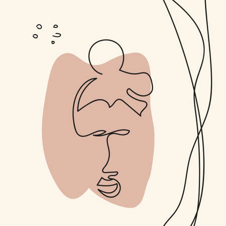 Vector illustration of a face in line art style on a background of abstract shapes.のイラスト素材