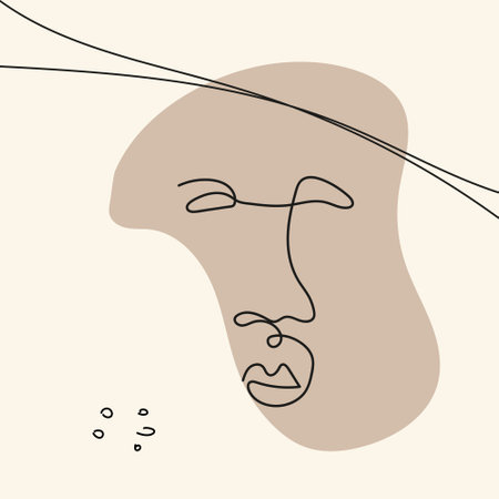 Abstract shapes, dots, lines, natural motives with face in line art style are isolated.のイラスト素材