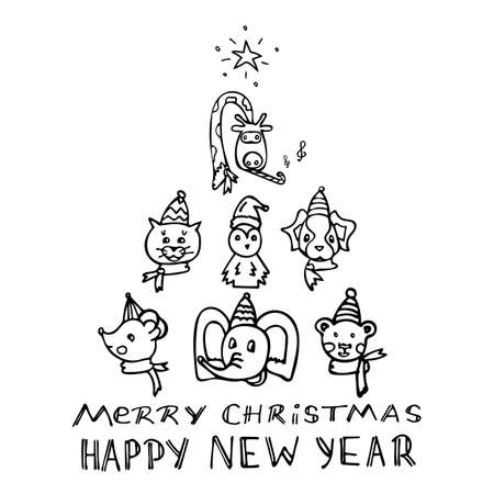 Set of isolated animals arranged in the shape of a Christmas tree with the inscription Christmas and New Year. Portraits tiger, giraffe, dog, cat, mouse, penguin, bear, dog in caps with a luminous star and a scarf. Lettering. Vector illustrations in cartoon style for childrens book, postcard, poster, interior, textile.のイラスト素材