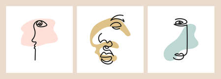 Set of minimalistic elegant concepts with faces and abstract shapes isolated.のイラスト素材