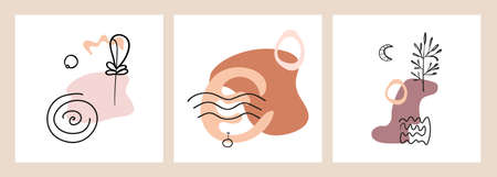 Set of hand drawn shape and line art objects, mountain, line, tree, leaf, moon, sun.のイラスト素材