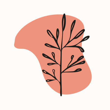 Abstract background image with rounded minimalistic shape in muted color and a branch with leaves or tree.のイラスト素材