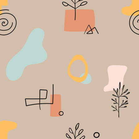 Seamless pattern with abstract hand drawn doodle various shapes, lines, branch, leavers, spots,...