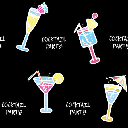 Pattern with cocktails with lettering Cocktail party. Drinks with ice, fruits, berries, alcohol on a black background.のイラスト素材