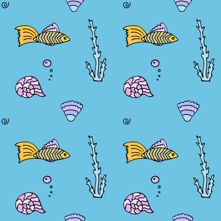 Seamless pattern with fish, corals, shells with bubbles for boys.