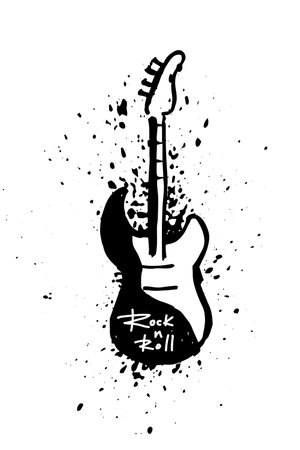Isolated inscription Rock and roll on the guitar on splashes of black paint. Vector illustration.のイラスト素材