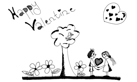 Hand drawing people to be like under a tree with flowers around it. The heart of the hands.のイラスト素材