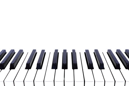 Front view of a piano keyboard. Pure white background. Empty space for text above the image.の写真素材