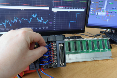 An electrical engineer checks the connection of the PLC automaton. Control system testing. Trends of measured quantities in the background. Production automation. Automatic control system.の写真素材