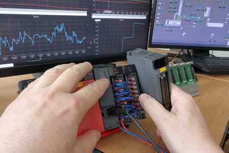 An electrical engineer adds a new IO card to a modular PLC automaton. Programmable logic controller. Trends of measured quantities in the background. Production automation. Automatic control system.の写真素材