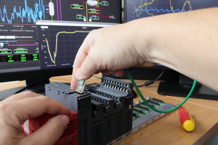 Close-up of a hand connecting a LAN cable. Cable connection detail. Testing and programming of an industrial control system.の写真素材