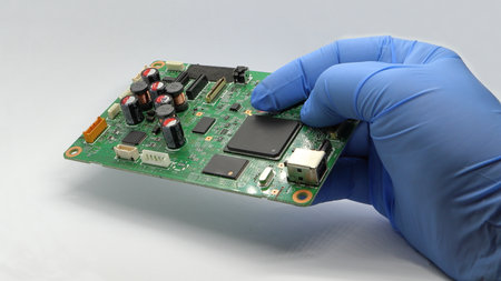 Electrical engineer holding a circuit board with microchips in his hand.  Standard marking of...