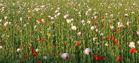 Field with ripening red and white poppies. Ripening poppy seed heads. Blurred background. Summer, July.の写真素材