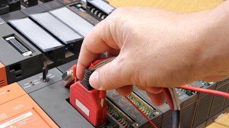 The electrical engineer connects the communication cable to the PLC automaton. Cable connection detail. Testing and programming of an industrial control system.の写真素材