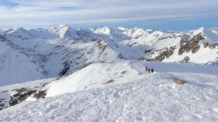 Alpine snowy landscape. Sportgastein tourist area in Austria. Amazing panorama of rocky mountains in winter. Snowy mountain peaksの写真素材