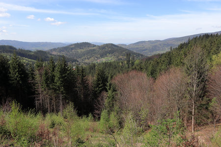 Panorama of Beskydy Mountains in the Czech Republic. Sunny spring day in the mountains.の写真素材
