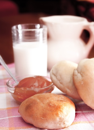 healthy diet breakfast with homemade bread and jamの写真素材