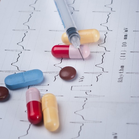 Close up photos of drugs on the ECGの写真素材