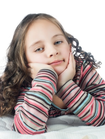 closeup image of a dreaming beautiful little girlの写真素材