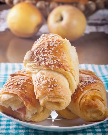 Close up of Freshly baked croissants.の写真素材