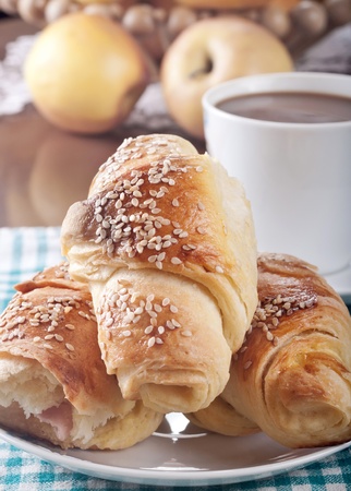 breakfast with milk coffee and briocheの写真素材