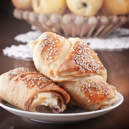 close up of Fresh baked croissantsの写真素材