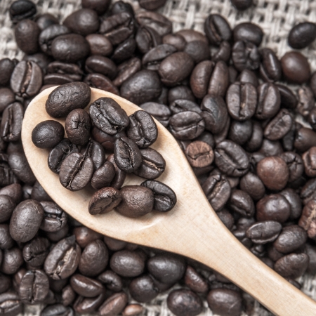 close up of coffee beans on wooden spoon with coffee beans on backgroundの写真素材