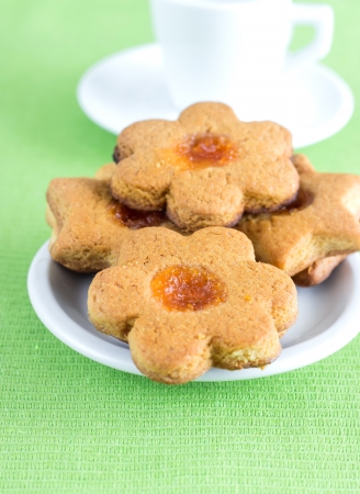 Vegetarian breakfast - cookies and coffee on tableの写真素材