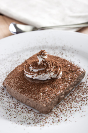 chocolate mousse portion  in white plate, close upの写真素材