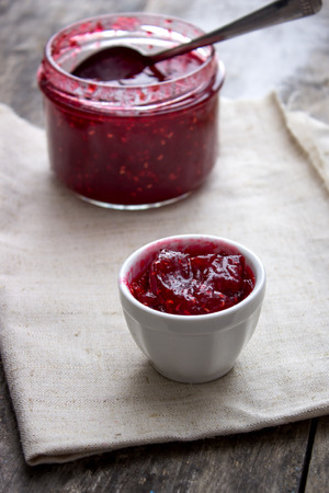 raspberry jam on the table, close up