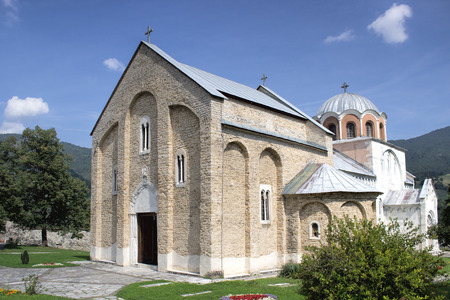 Serbian orthodox monastery Studenica, south west view of main churchの写真素材