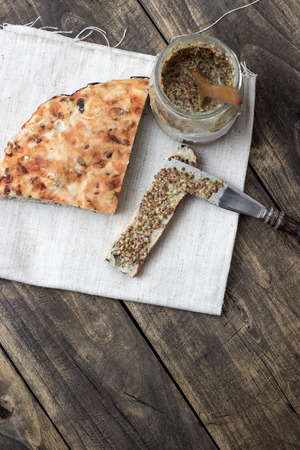 baked traditional bread on table, from aboveの写真素材