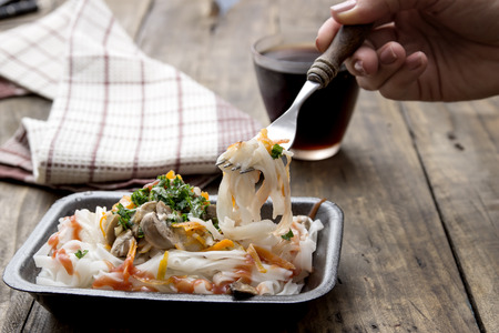 Chinese mix vegetables and rice noodles on tableの写真素材